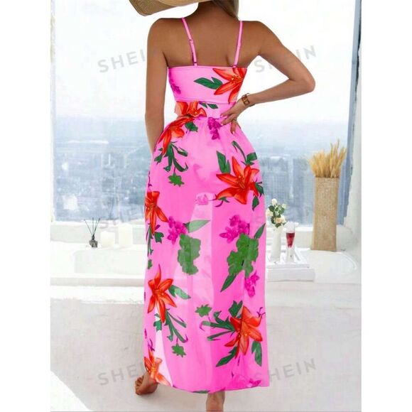 Shein Women's XL Pink Tropical Floral 3 Piece Swimwear Set with Cover-Up Skirt - Picture 4 of 5